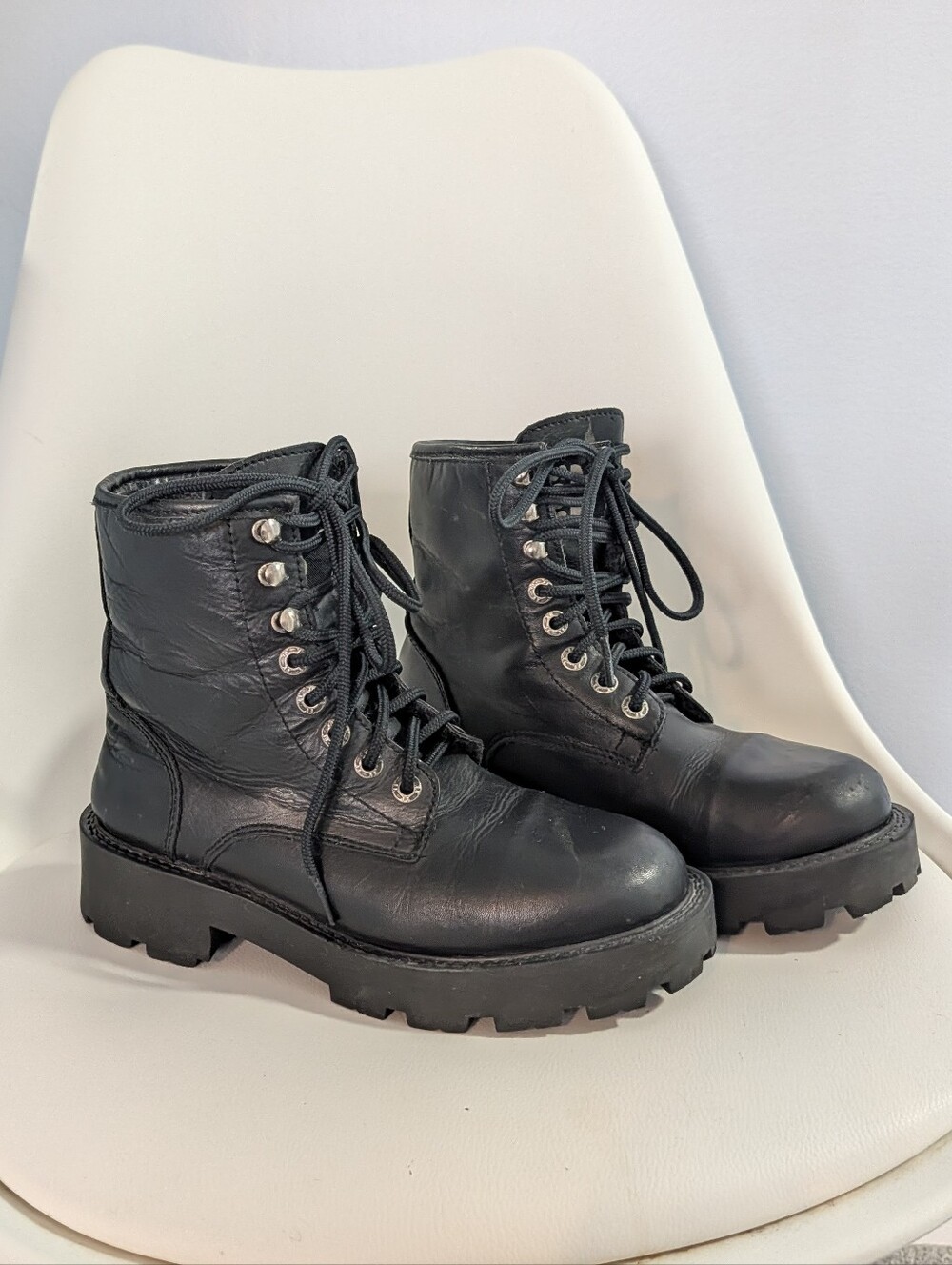 Vintage Bos. & Co. Women's Black Leather Lace-Up Platform Combat Boots 8